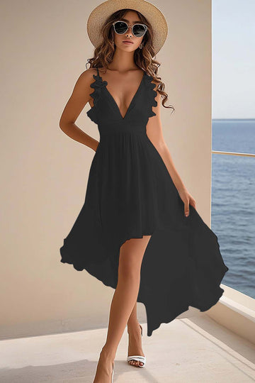 Black Chiffon A Line Ruffled V Neck High-Low Graduation Dress